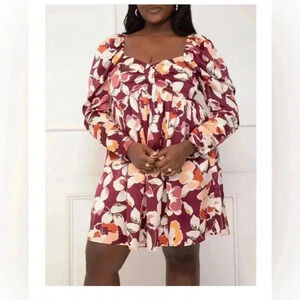 Eloquii Elements Floral Mini Dress Bow Bodice Puff Long Sleeve Sweetheart Neck